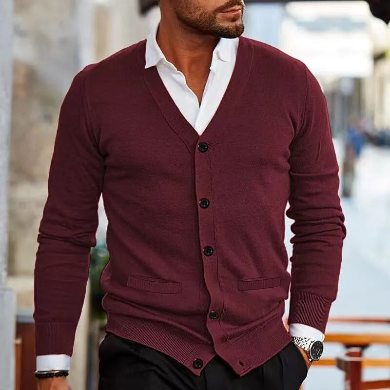 Men's slim fit acrylic cardigan in light grey, shown on a hanger.