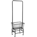 White iron single rod pulley storage car with clothes hanger on a rail.