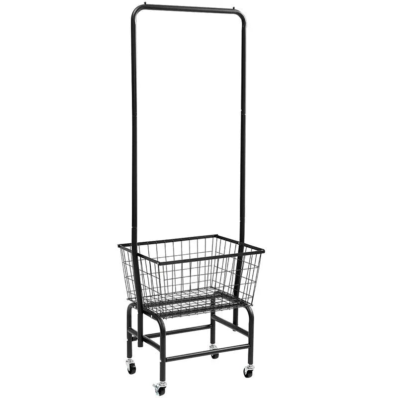 White iron single rod pulley storage car with clothes hanger on a rail.