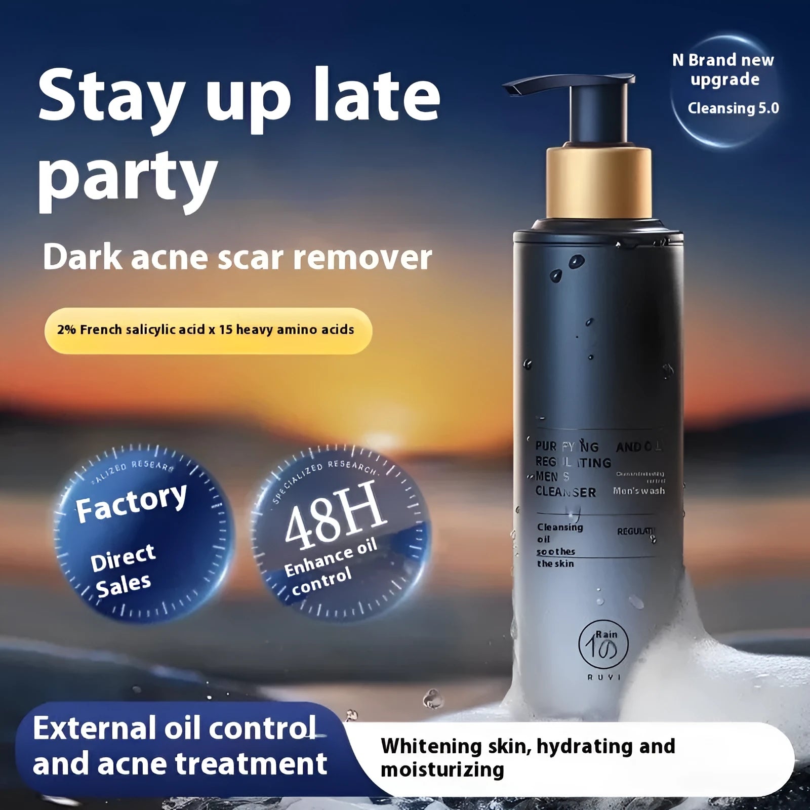 Men's facial cleanser 150ml bottle for oil control blackhead removal and acne treatment