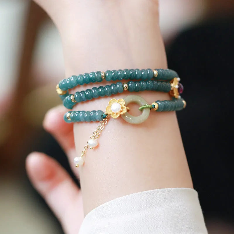 Natural blue water jade abacus beads bracelet with tourmaline and pearl three rings design, beads under 4mm