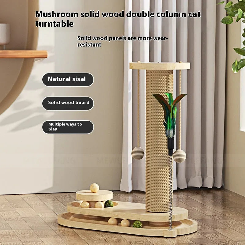 Solid wood cat scratching post with turntable platform in oval mushroom design