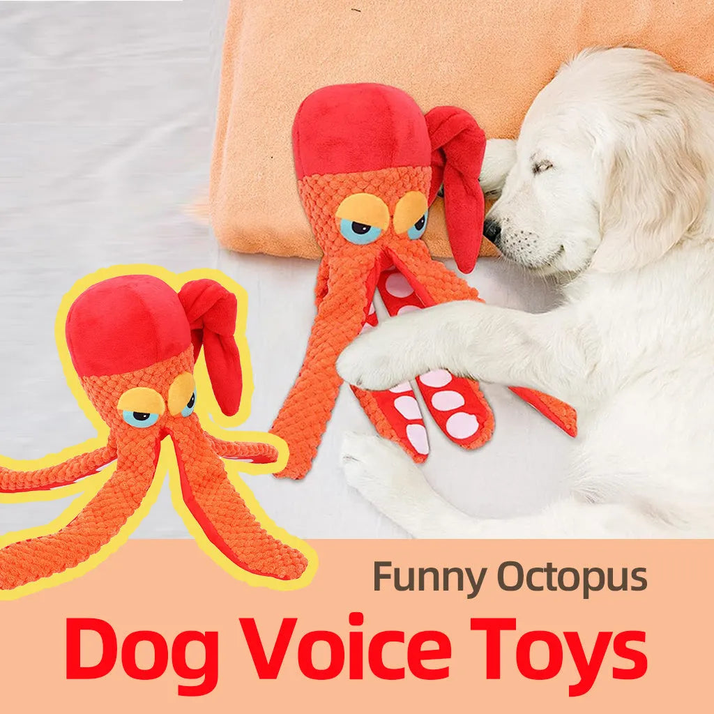 Orange octopus plush dog toy with squeaker for dental cleaning pet supplies