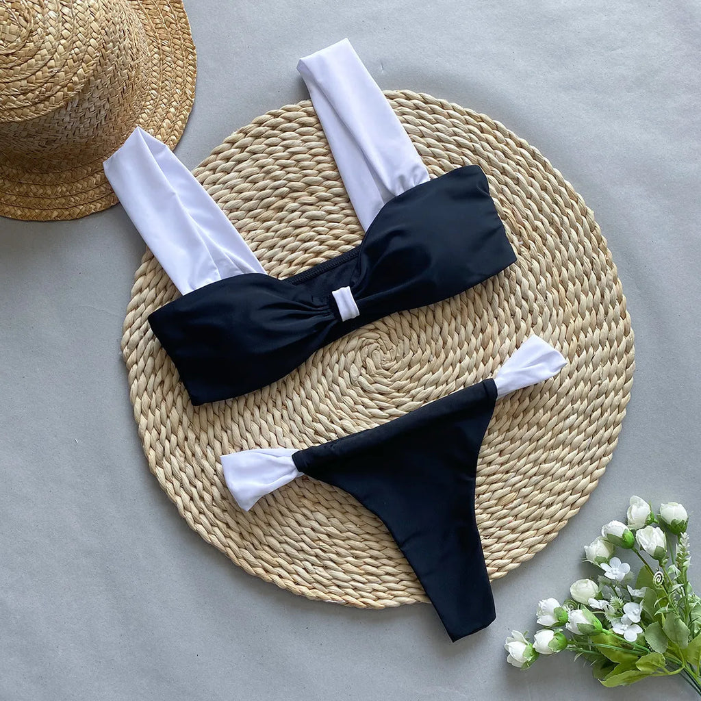 Two-piece bikini set – tube top bra and T-pants in black with nylon lining, sleeveless, Asian sizes S M L