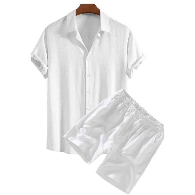 Men's solid colour casual short-sleeved shirt and shorts suit in polyester fibre, side view on model.