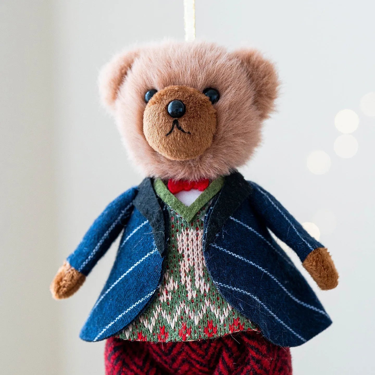 Plush bear doll couple in gentleman and princess bear colours with plaid suit pattern and cloth material