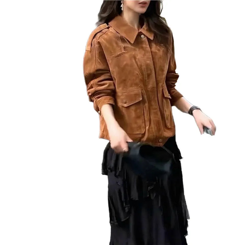 Women's brown suede-look street chic coat with regular sleeves in polyester fabric