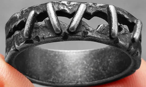 Stainless steel double ring with dark stitching detail showing punk style design