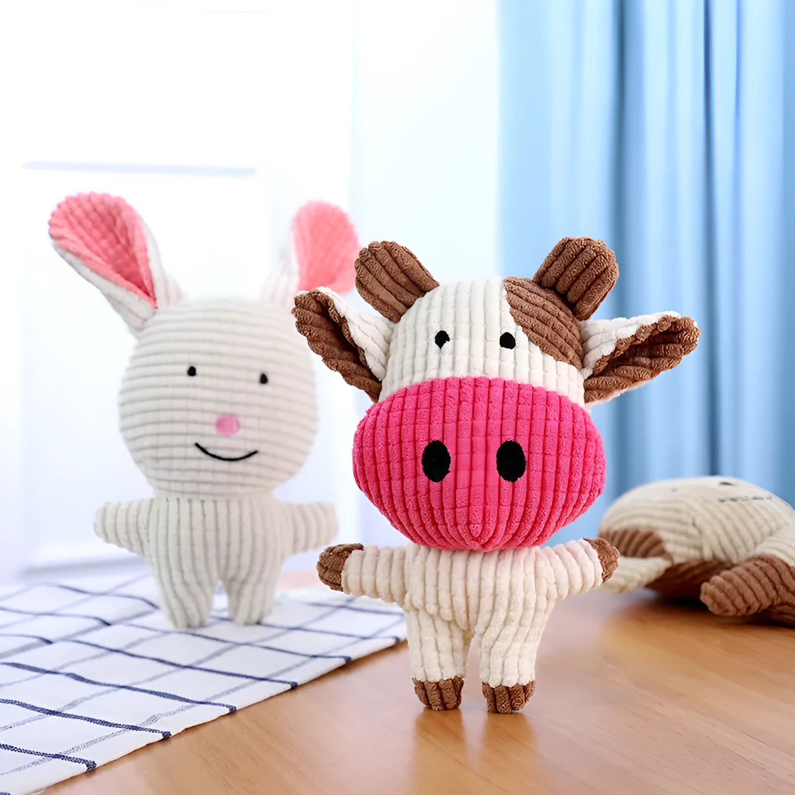Cute animal shape plush squeaky chew toy for small medium dogs in bright colours