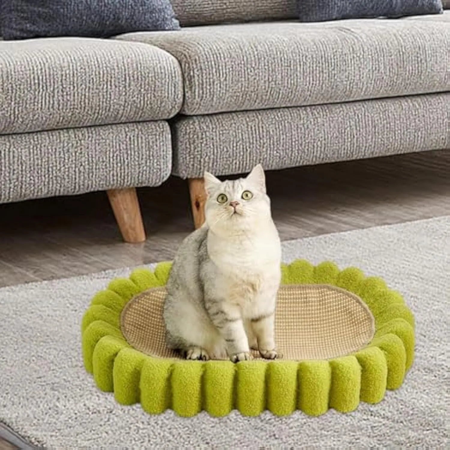 Green oval cat scratch pad bowl made of sisal, serving as a cat scratcher and bed lounge