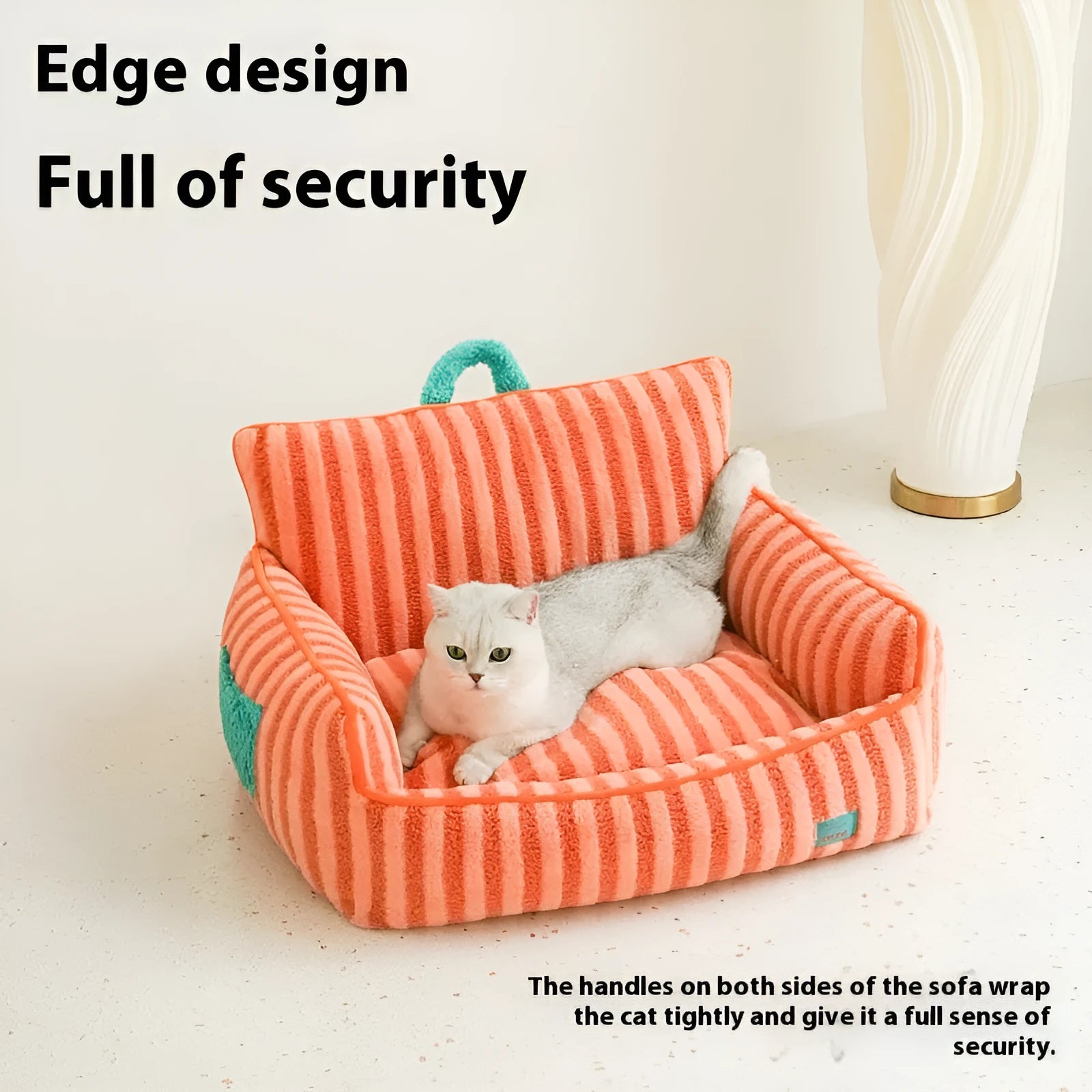 Striped orange soft velvet pet bed with a removable cover, shown as a complete pet house.