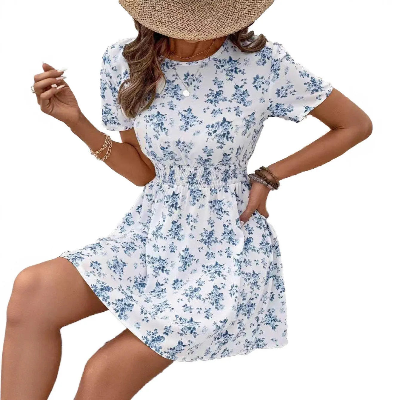 Light blue women's high waist A-line midi dress with regular sleeves