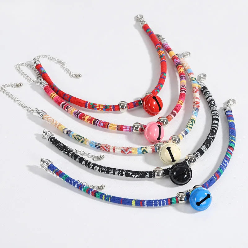 Ethnic style woven pet collar with bell in multiple colours for cats and small dogs