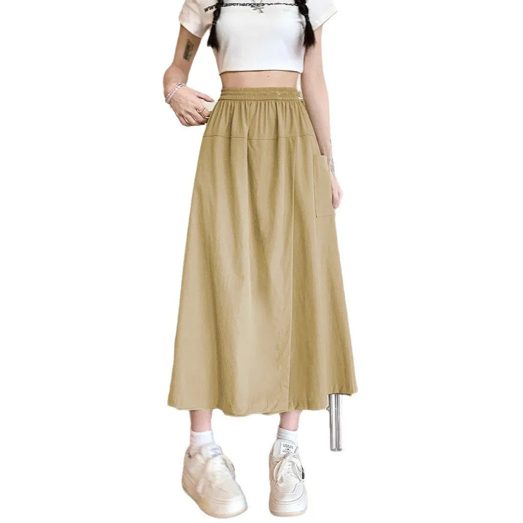 Women's casual wide leg skirt in camel with elastic waist and quilting detail, cropped length