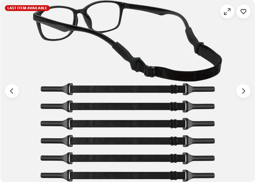 Black adjustable glasses strap with silicone earpiece ends for adult and children's eyewear security