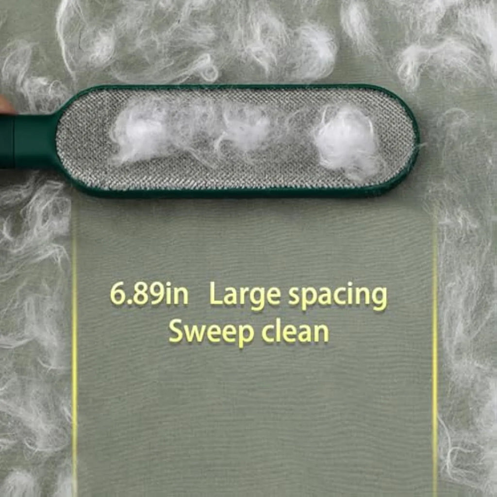 Reusable pet hair remover brush with double-sided head for clothes and furniture.