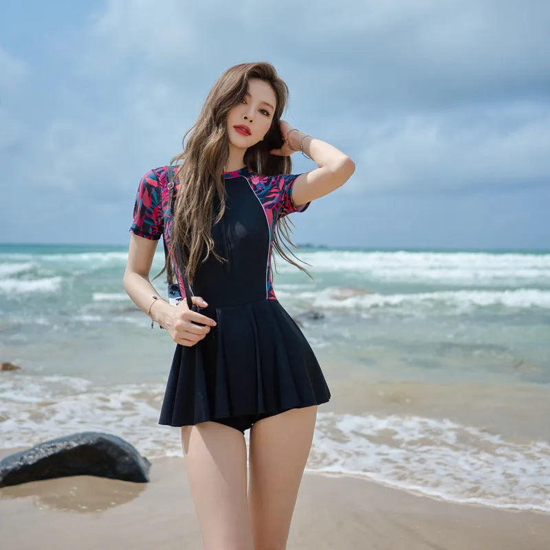 Women's nylon dress-style one-piece swimsuit in orchid pattern long sleeve option