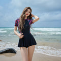 Women's nylon dress-style one-piece swimsuit in orchid pattern long sleeve option