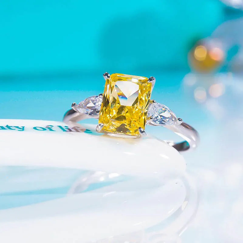 S925 silver rectangular rhinestone ring in eight colours, US sizes 5-10