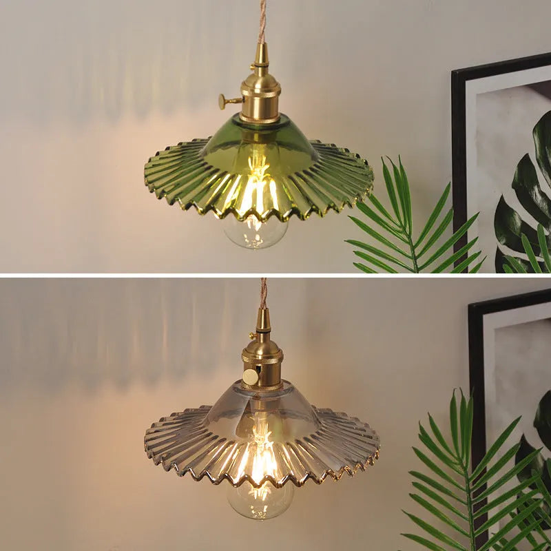 Copper retro wall lamp with a glass lotus shade in one of six colour options.