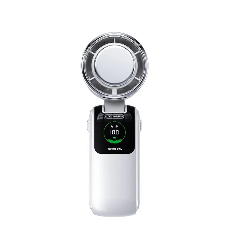 Portable foldable neck fan in white with adjustable speed control and 4000mAh battery