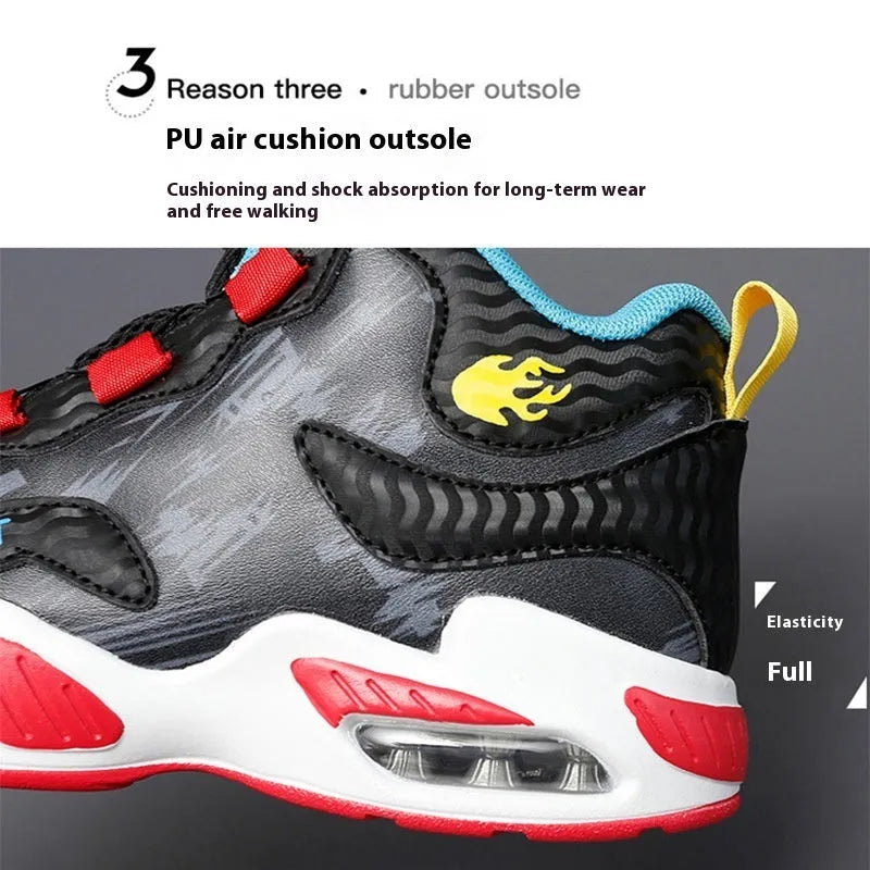 Children's black and coloured rotating button running shoes with a cushion basketball design on a white background