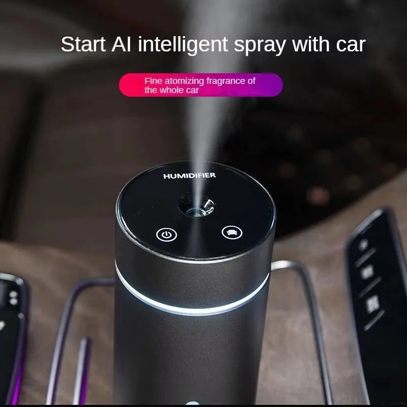 Black A6 portable car humidifier and essential oil diffuser with aluminium tank and USB cable