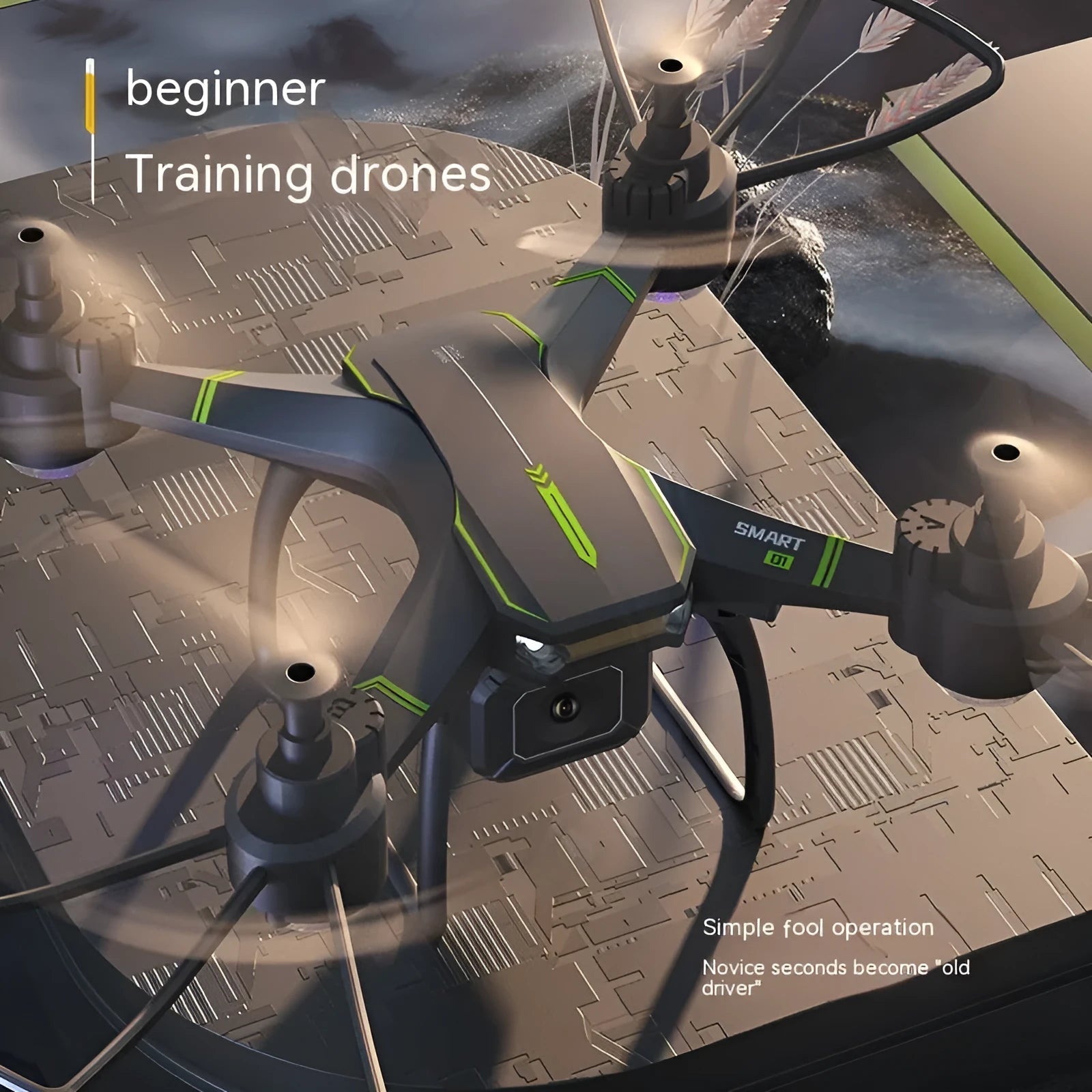 Blue third-order remote control drone with 4K dual camera, protective frame, and spare blades on grass