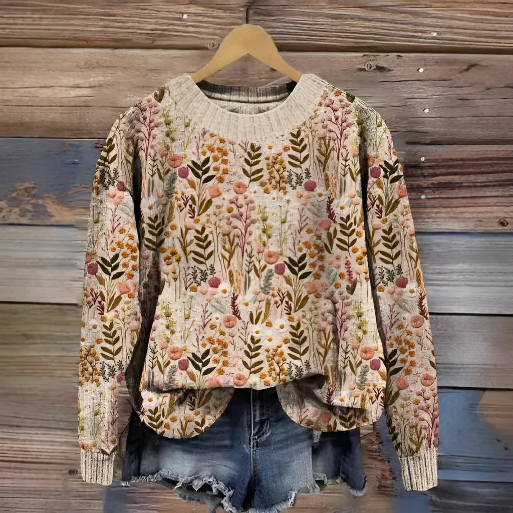 Women's floral printed round neck sweater in polyester available in multiple colours and sizes