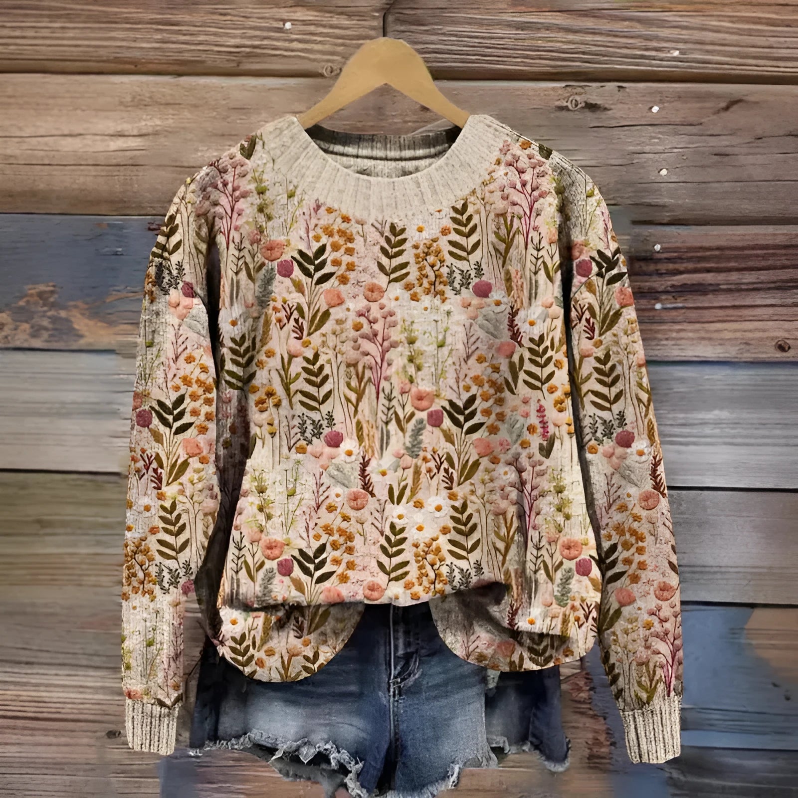Women's floral printed round neck sweater in polyester available in multiple colours and sizes