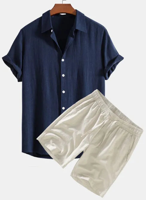 Men's solid colour casual short-sleeved shirt and shorts suit in polyester fibre, side view on model.