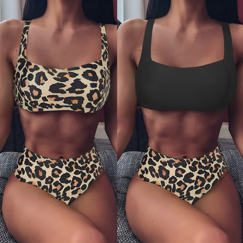 High waist leopard print push up bikini set with bra top and shorts for women, polyester swimwear, multiple colour options