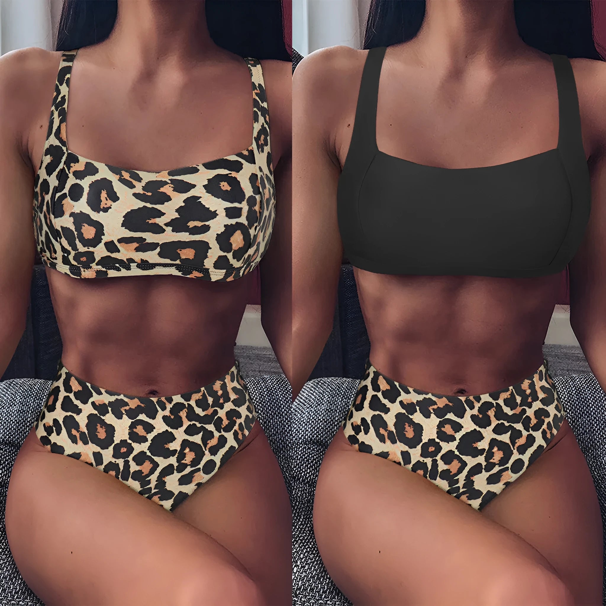 High waist leopard print push up bikini set with bra top and shorts for women, polyester swimwear, multiple colour options