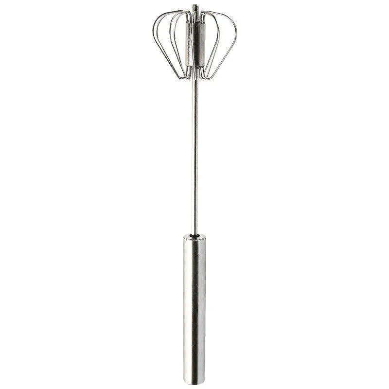 Semi-automatic stainless steel egg beater whisk with hand pressure rotating handle, 10 steel wires, silvery and white colours