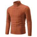 Men's slim fit chenille turtleneck pullover sweater in beige on a grey background.