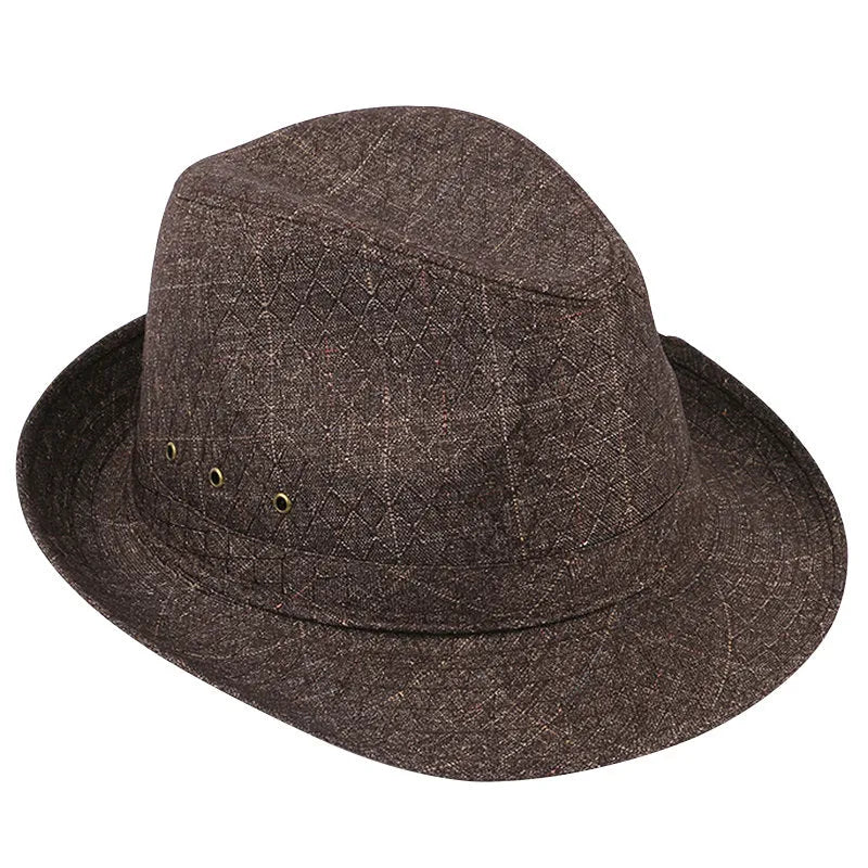 Thickened suit material fedora hat for men shown in beige, with classic pinched crown and brim.