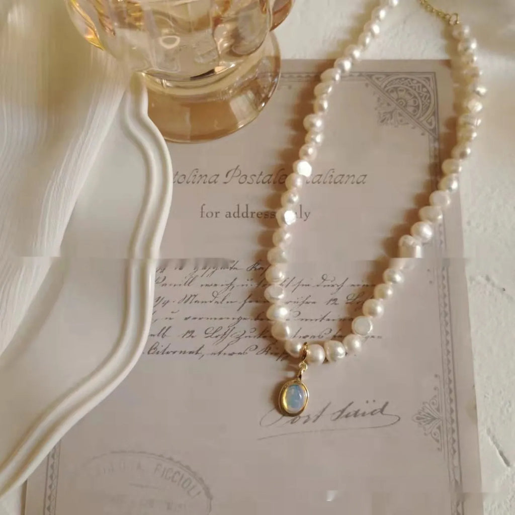 French Court vintage pearl necklace with geometric shapes on electroplated alloy chain showing adjustable length