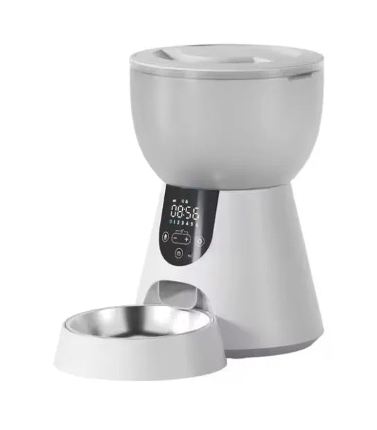 Automatic cat feeder with 1080P camera, night vision, 5G WiFi, two-way audio, 4L capacity, stainless steel tray, and low food alert