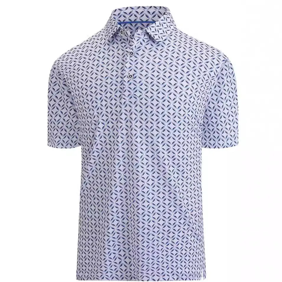 Men's retro-style short sleeve top with 3D print pattern and zipper decorations on mesh fabric
