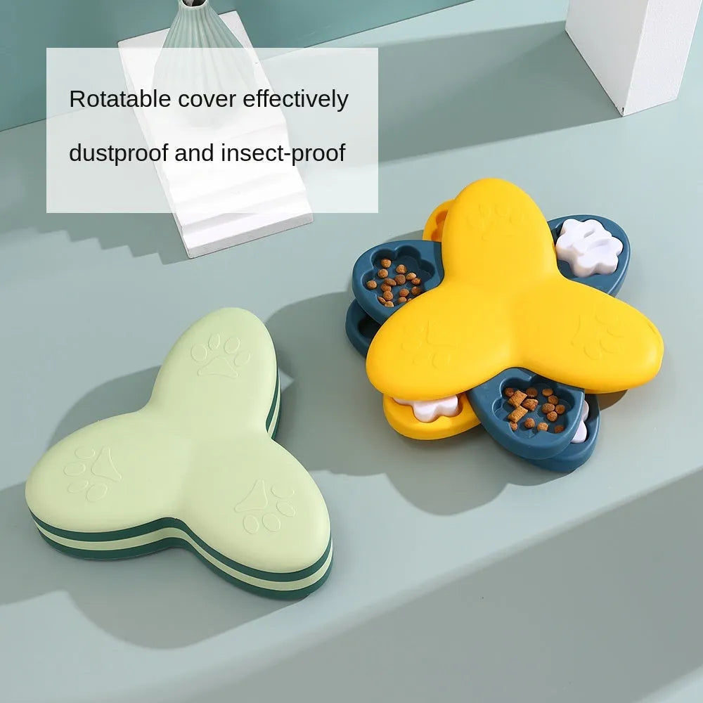 Dog puzzle toy slow feeder with nine compartments and bone covers, green, on non-slip base