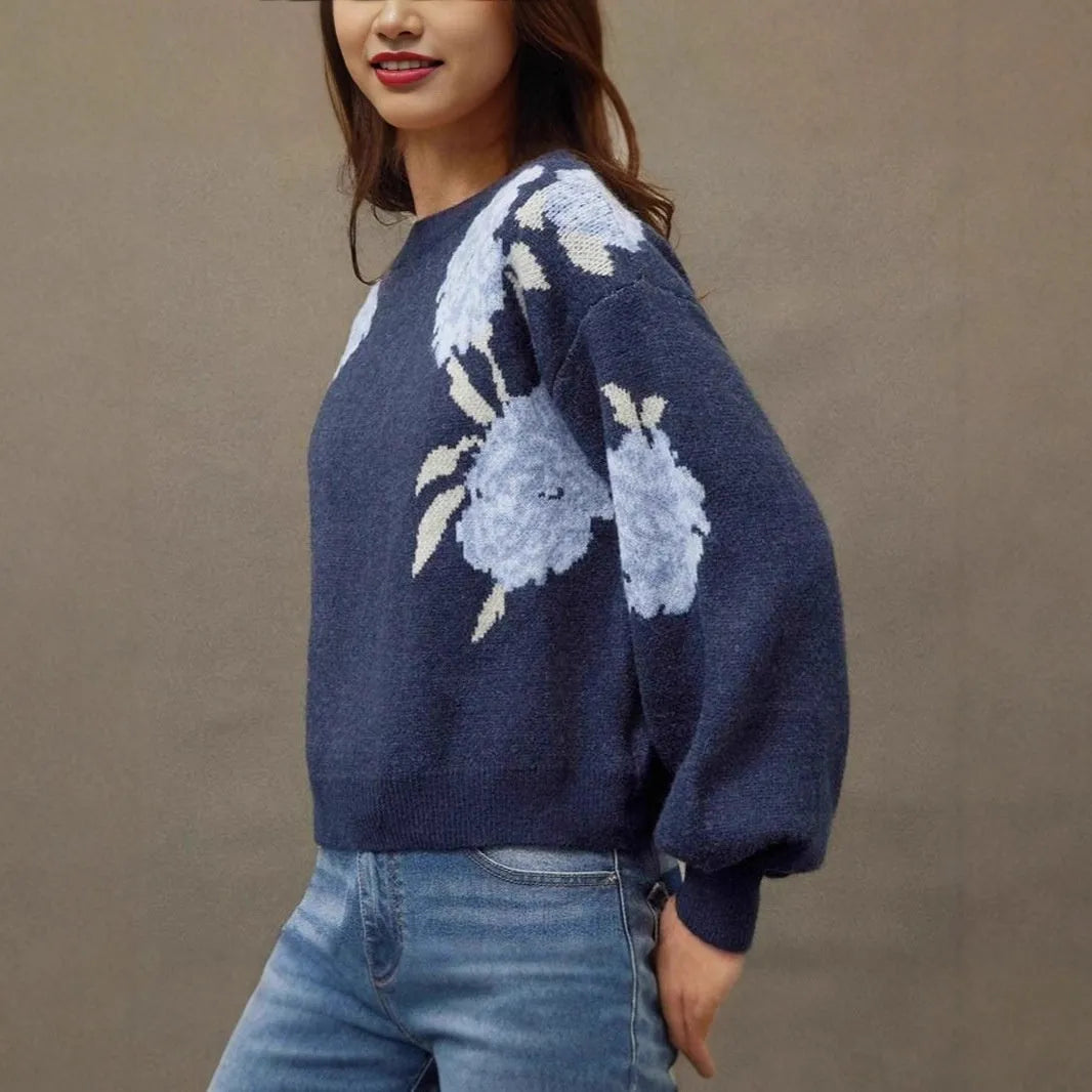 Sapphire blue women's pullover with woven floral jacquard pattern, loose casual fit.