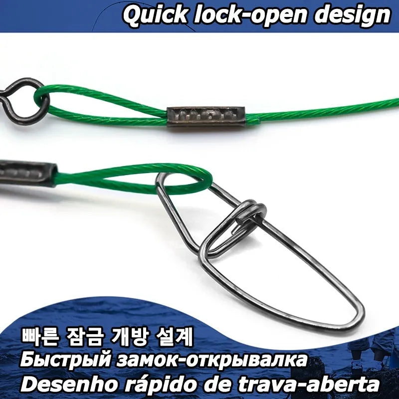 Steel wire double buckle fishing pins in green, black, and red colours showing 54cm length