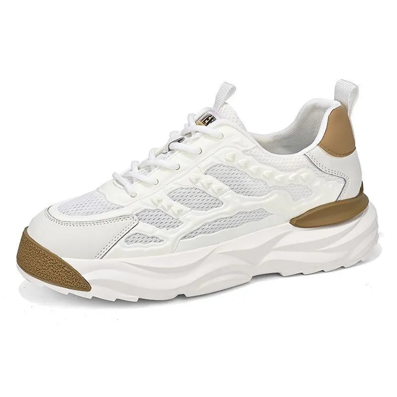 Men's white and black breathable mesh shoes with round toe design showing PU mesh upper construction