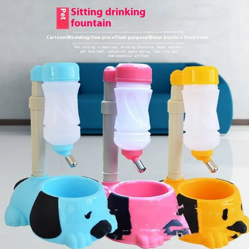 Adjustable plastic pet drinking bowl with rod lifting mechanism in blue pink or yellow reaching 42cm height