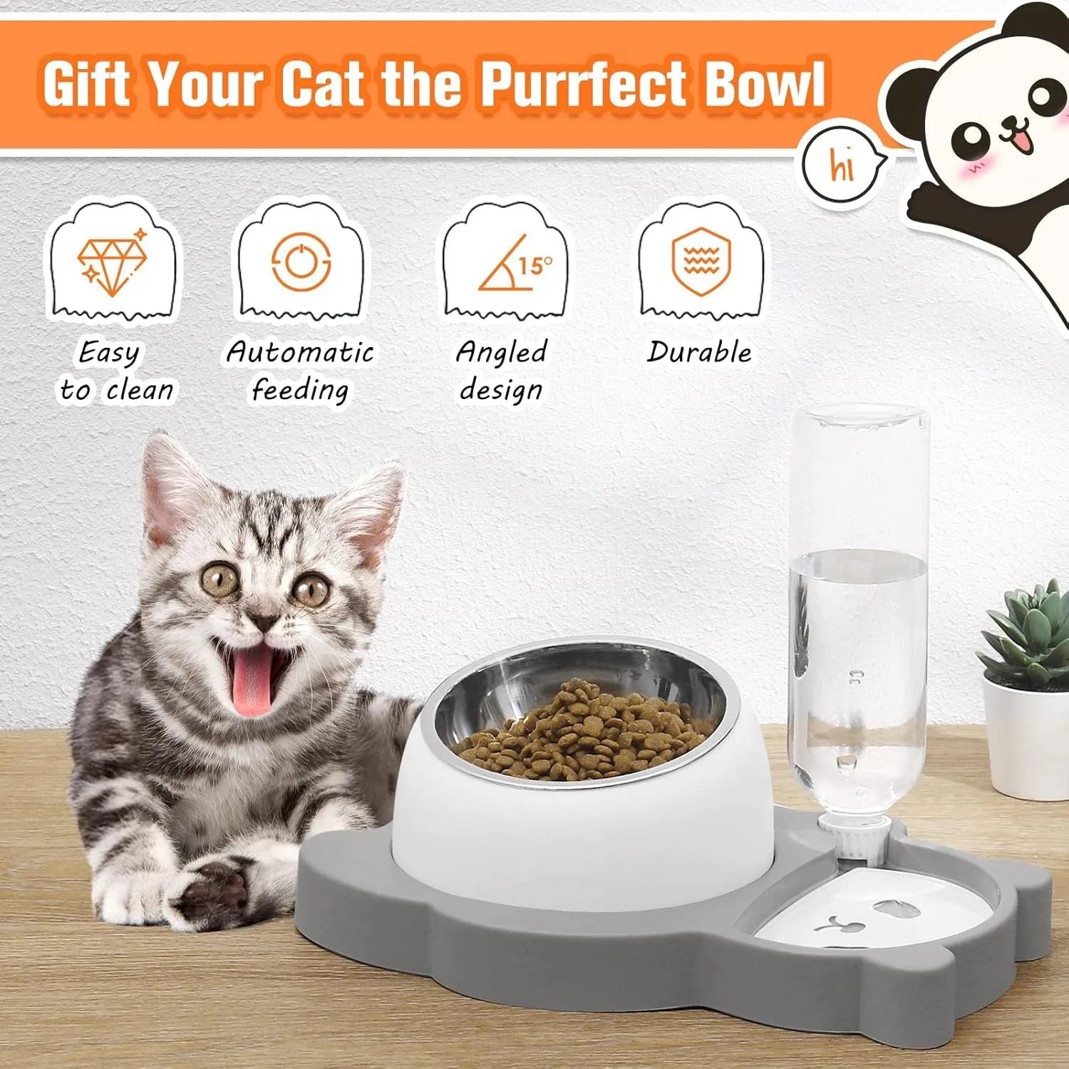 Grey panda-shaped elevated pet bowl set with automatic water dispenser and tilted stainless steel food bowl