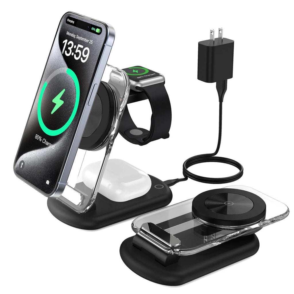 Transparent folding three-in-one magnetic wireless charger showing internal electronic components