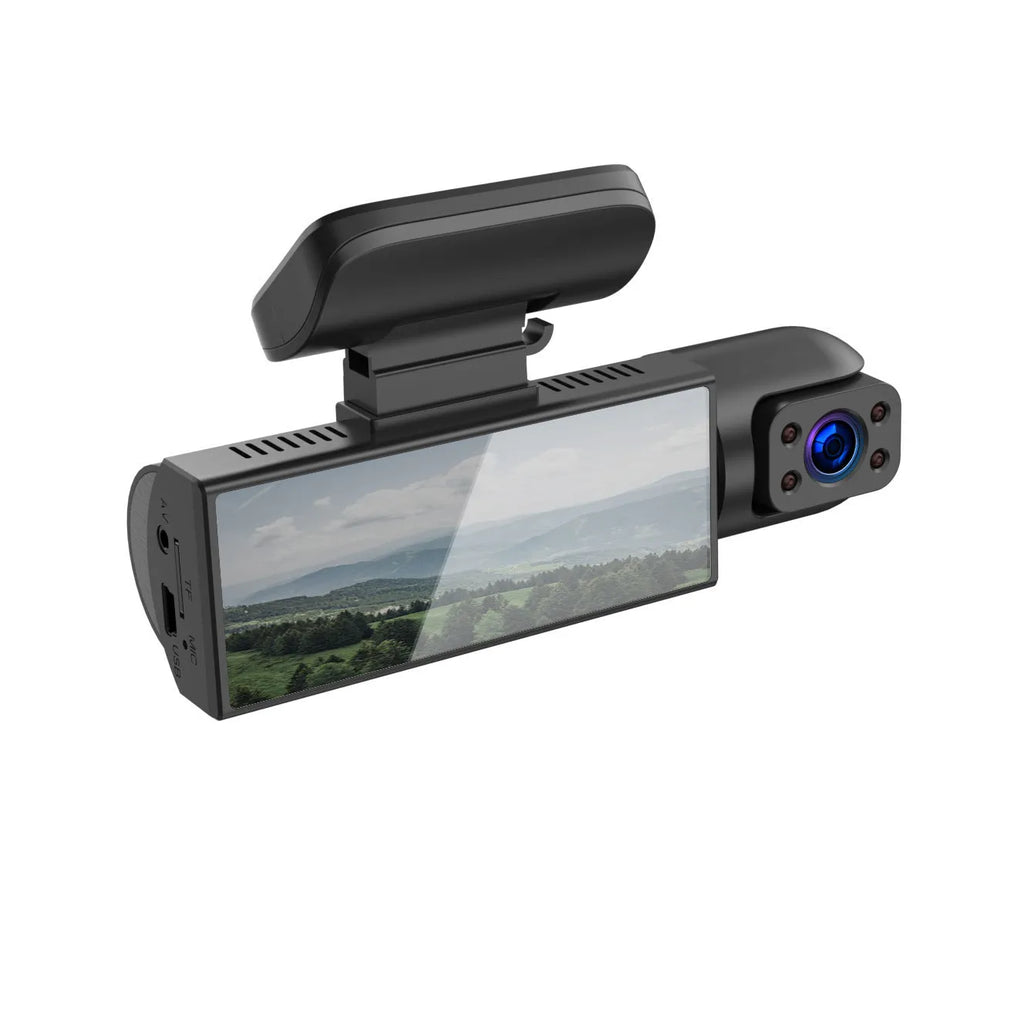 Dual-lens HD 3.5-inch driving recorder with 150-degree wide angle and night vision, displayed on a windscreen