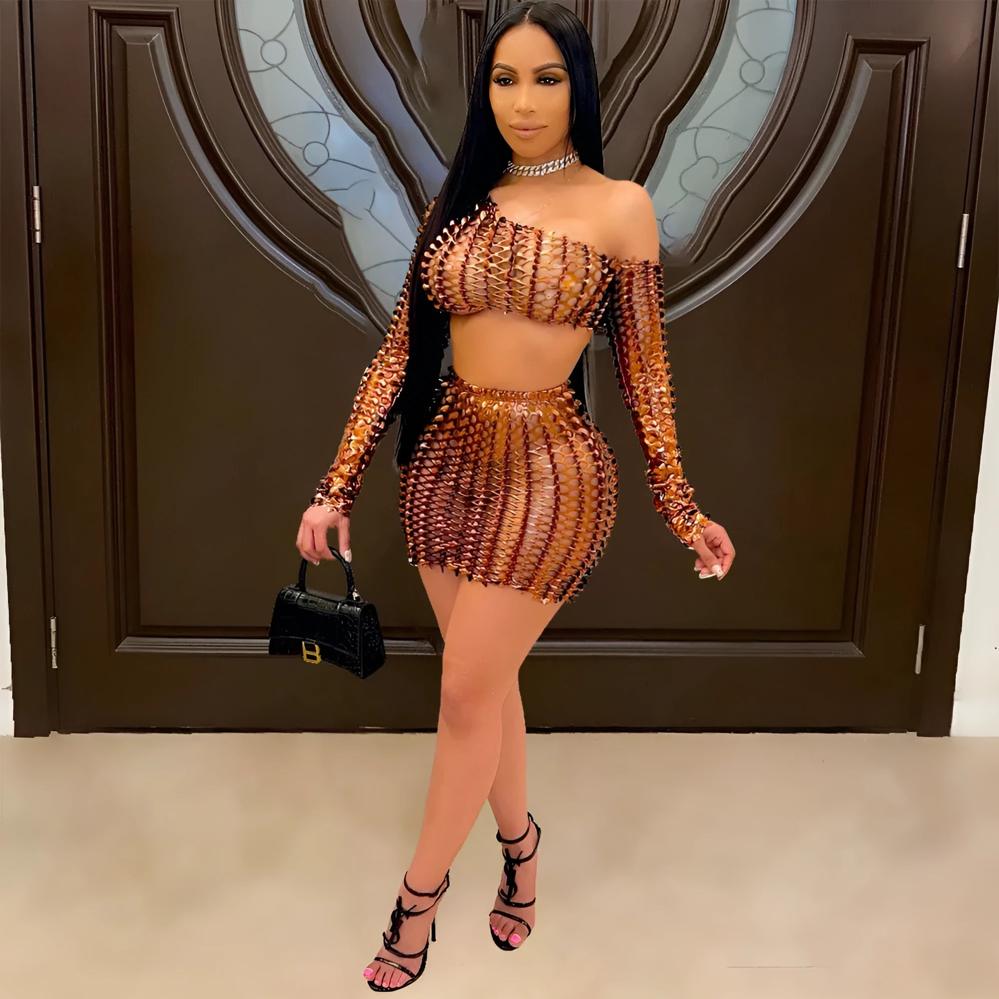Women's hollow-out net two-piece dress set with sleeveless top and short skirt