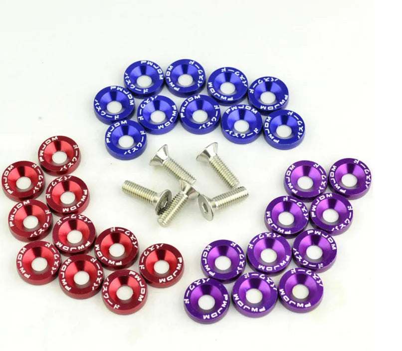 Ten car modification gasket screws with washers in eight colour options on a white background