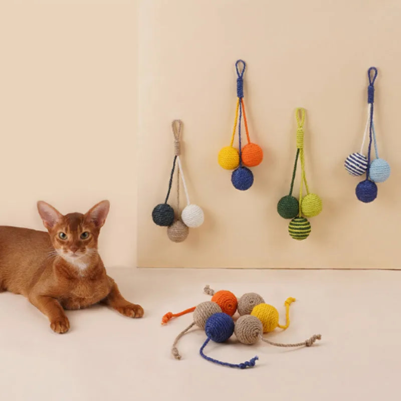 Multi-colour cat toy set with bite-resistant catnip ball and aluminium rod teaser stick